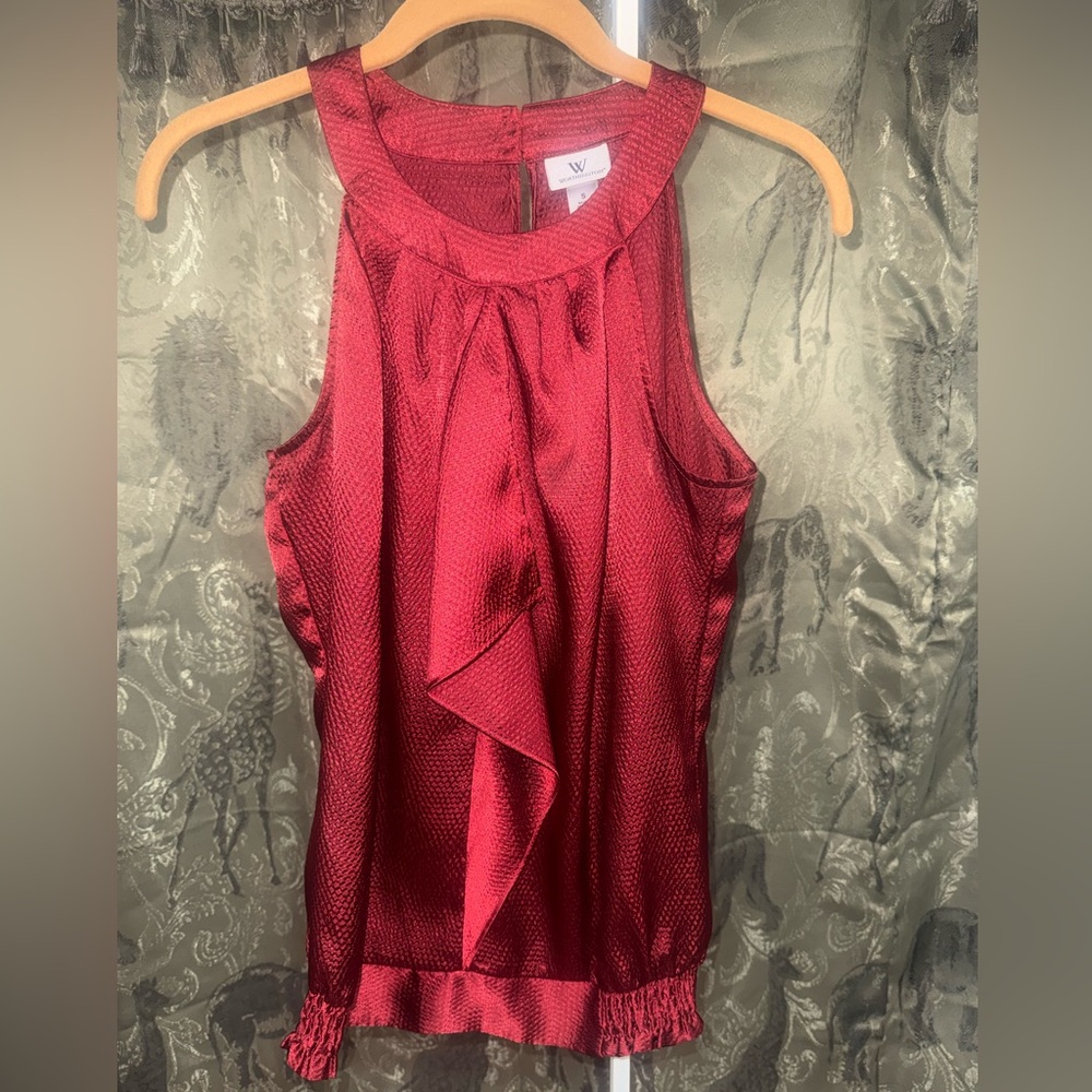 W by Worth Wine Satin Ruffle-Front Sleeveless Top